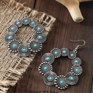 Antiqued Silver Turquoise Hoop Earrings
